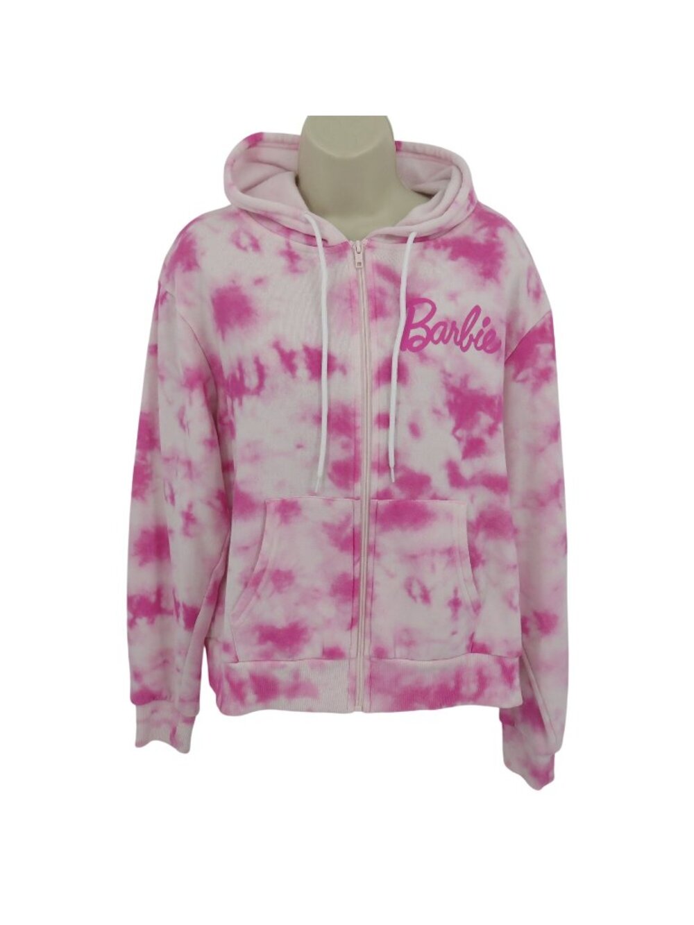 Barbie Women Medium Pink Tie Dye Heart Logo Full Zip Fleece Hoodie Sweatshirt